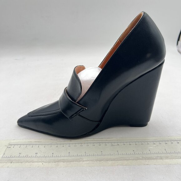 miss left Black Wedge Heel Loafers Pumps Slip On Pointy Toe High Heels Shoes - Picture 2 of 8